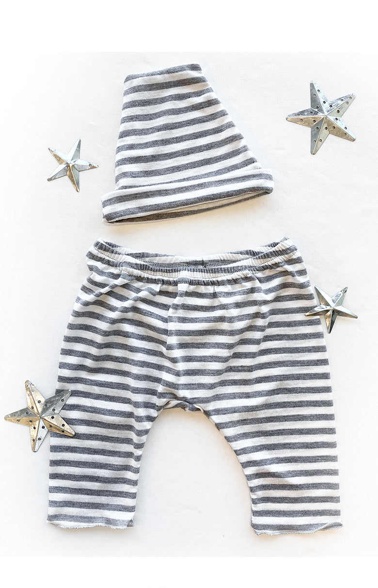 Baby Pants & Hat - Newborn Set | White With Grey Stripe