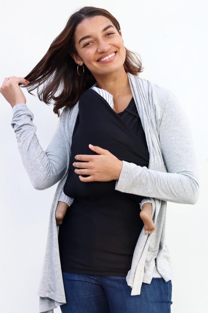 Heather Grey Cardigan + Grey/White Stripe Baby Hat/Pant